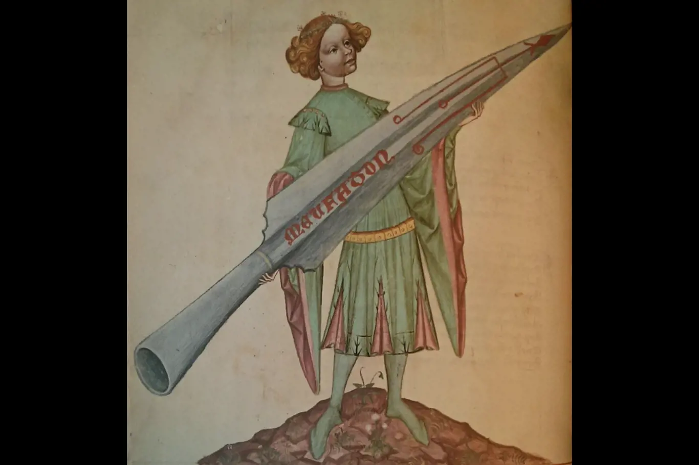 Obraz v Kyeserově Bellifortisu ukazuje psychologický vliv symbolických ikon na bojovou sílu vojáků, když se přenáší obrazem.