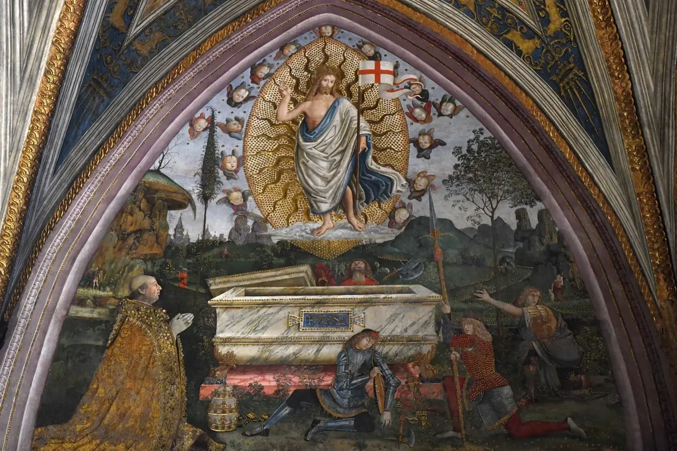 Pinturicchio – Zmrtvýchvstání. Zcela nazí muži jsou na obraze tak malí, že nejsou téměř vidět