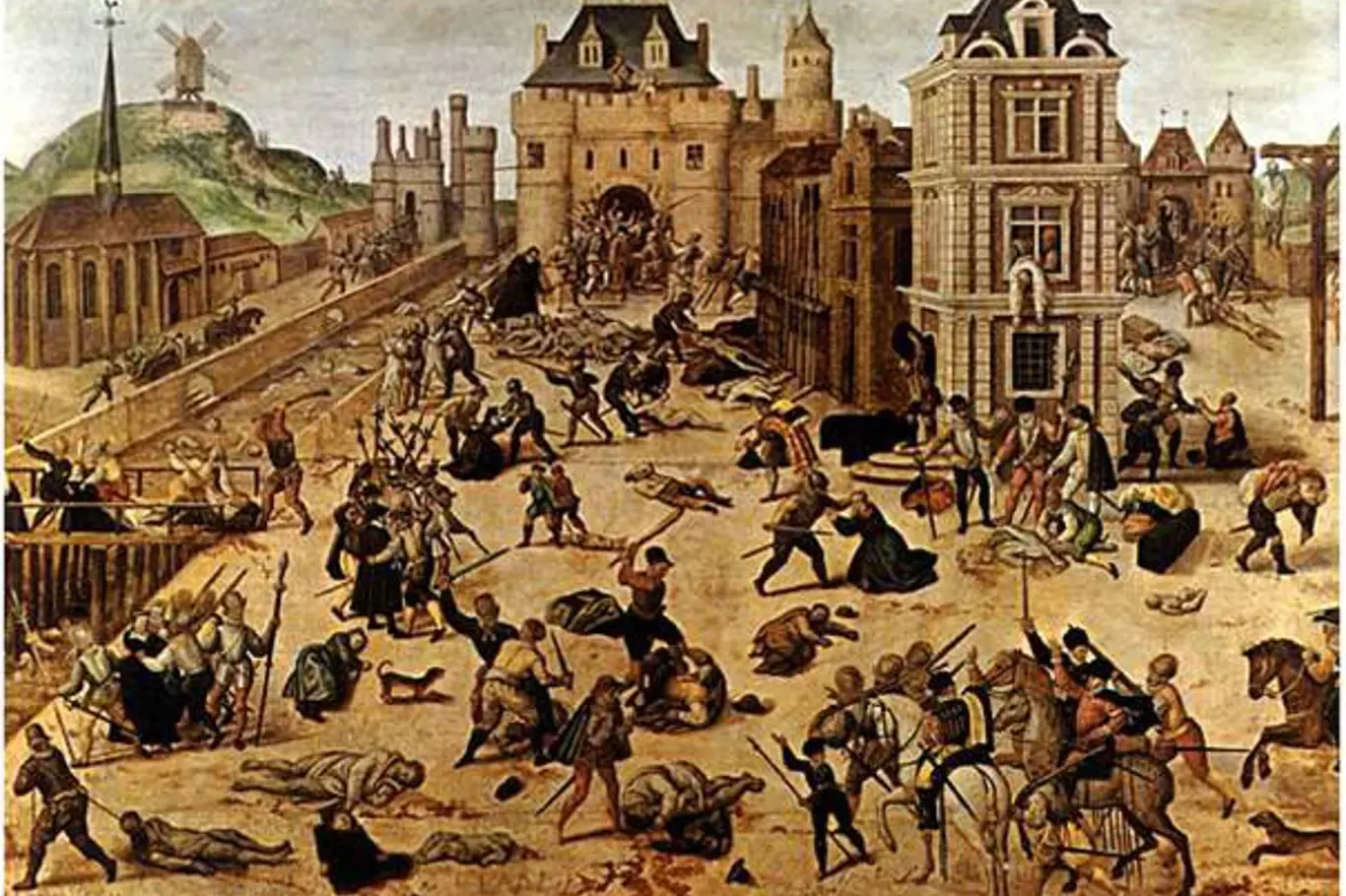 Dobové vyobrazení vraždění protestantských hugenotů ve Francii během Bartolomějské noci 24.srpna 1572