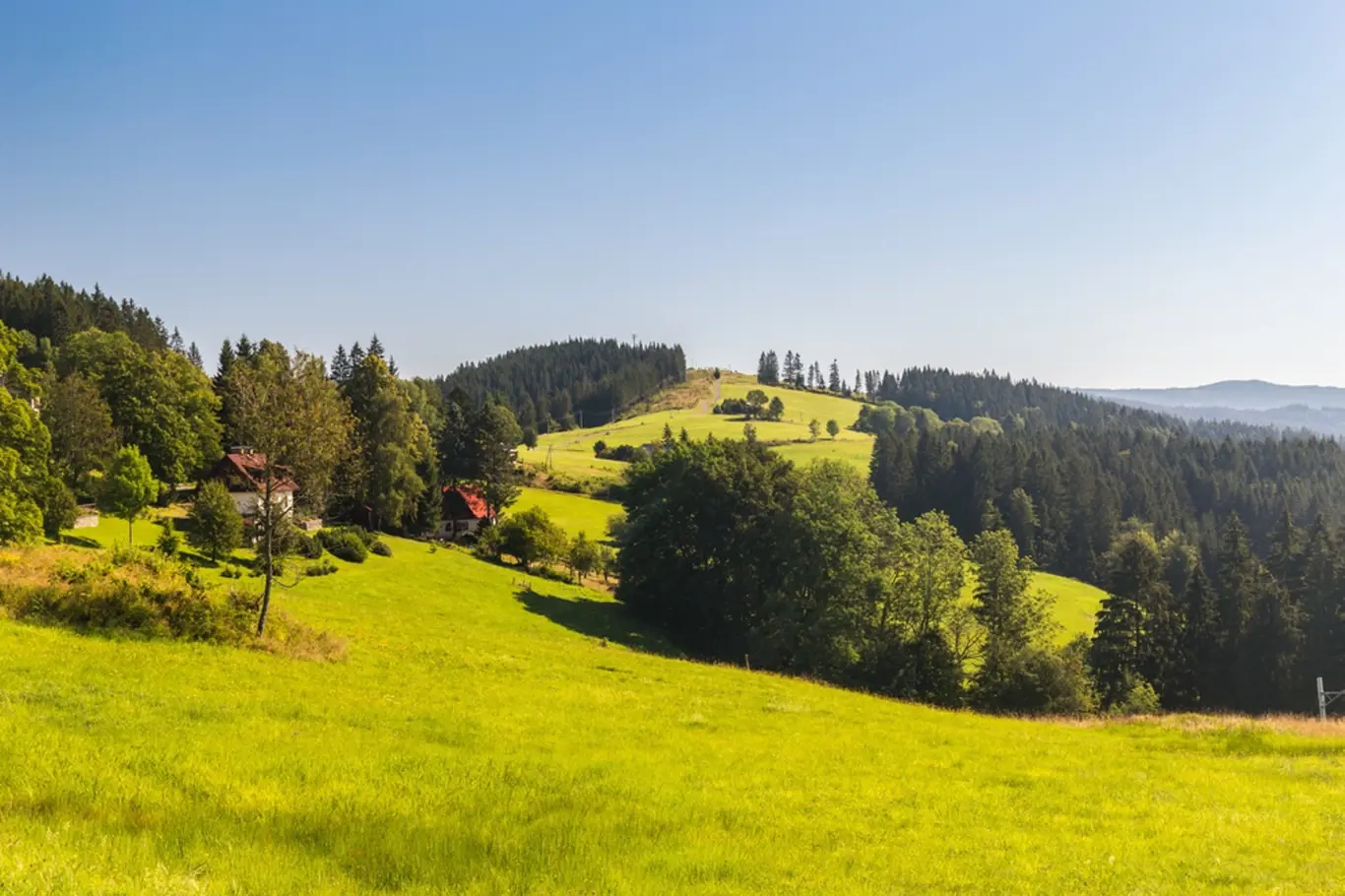 Mountain landscape with clear blue sky. Grun, Moravian-Silesian Beskydy. Czech Republic.