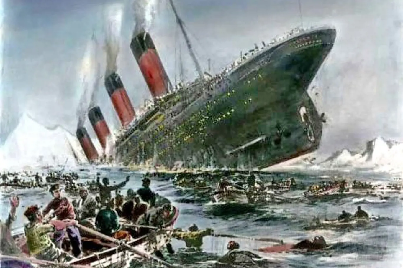 Co dělali lidé na palubě? Jaké byly jejich pocity? Vše spláchl oceán.Kolorovaná kresba potápějícího se Titanicu.