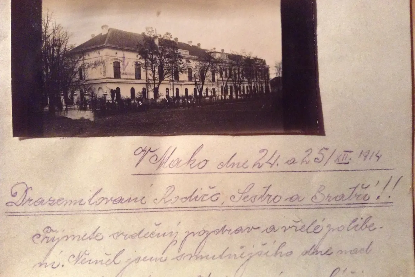 Dopis Václava Štětky s přiloženou fotografií zámeckého lazaretu v Makó