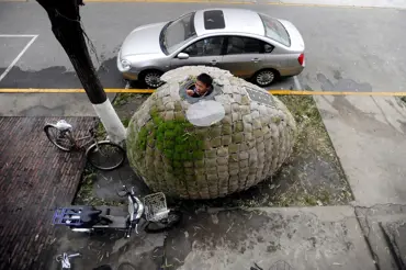 Mladík si na protest proti vysokým cenám bytů postavil dinosauří vejce. Bydlí se v něm skvěle