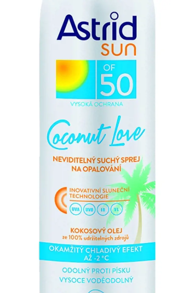 Neviditelný suchý tělový sprej s hydratací kokosového oleje, SPF 50, Astrid, 280 Kč
