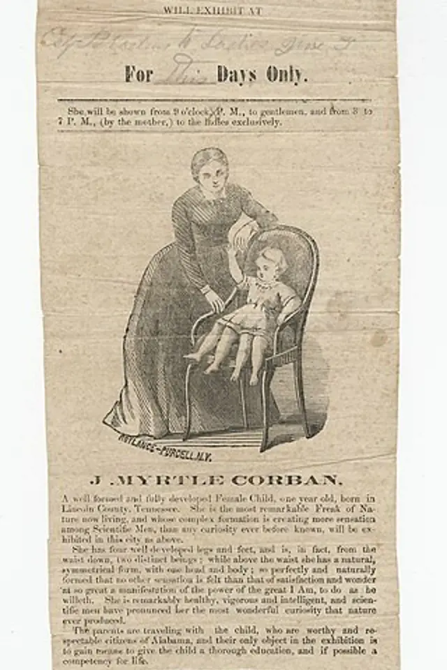 Leták představující Myrtle Corbin jako čtyřnohé dítě