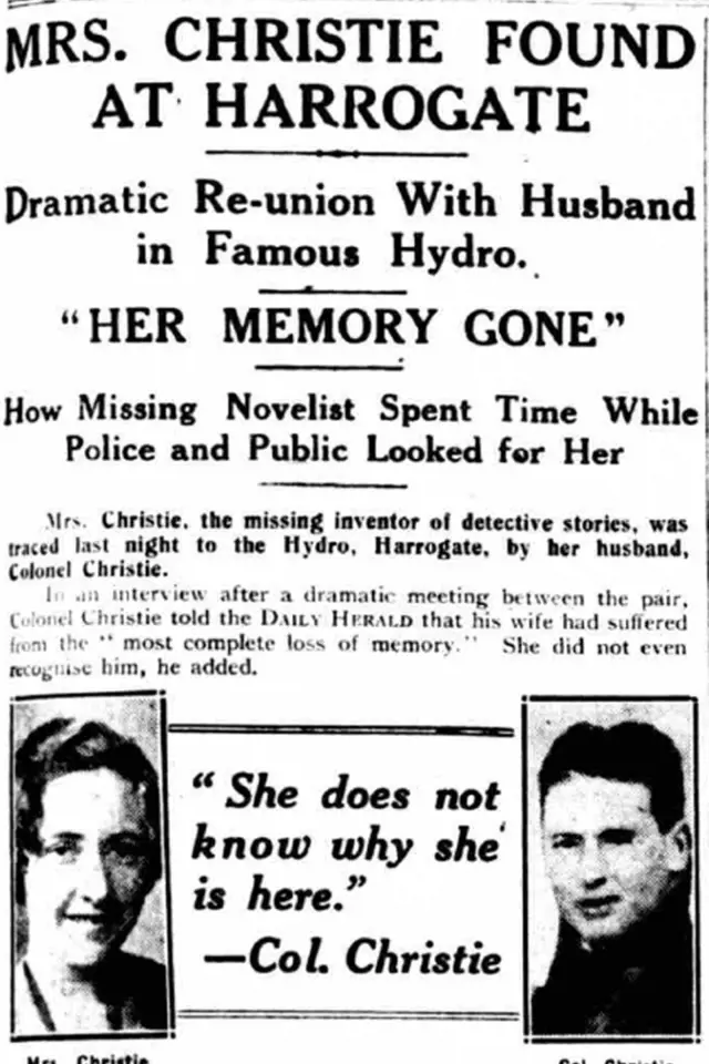 Noviny informující o nalezení spisovatelky, která byla jedenáct dní nezvěstná.