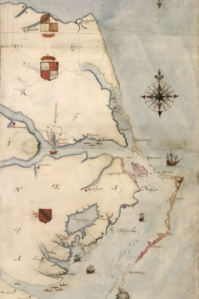 Mapa oblasti Roanoke z roku 1584