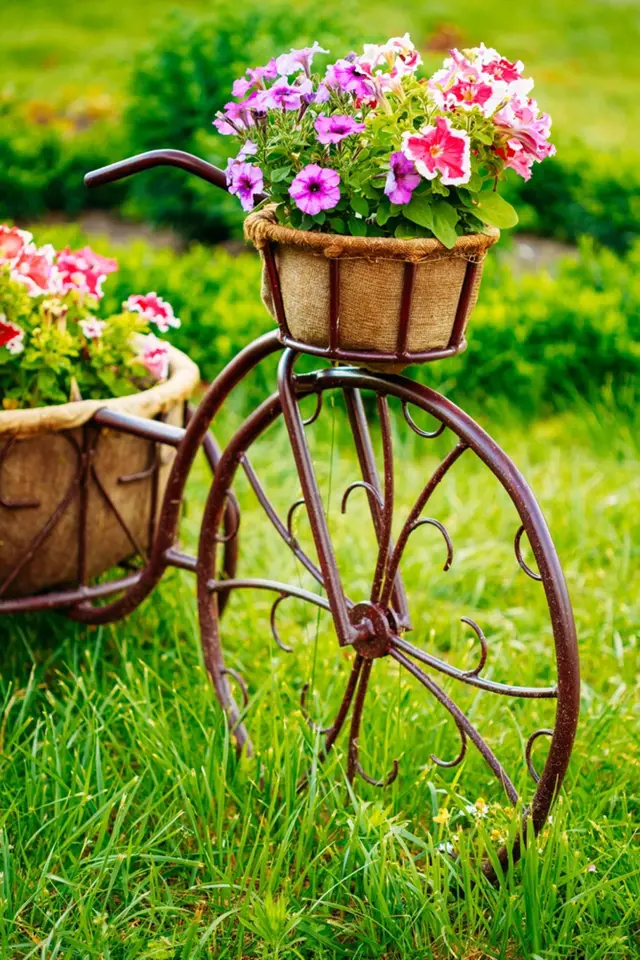 Květiny v košících bývají součástí zahradních dekorací.