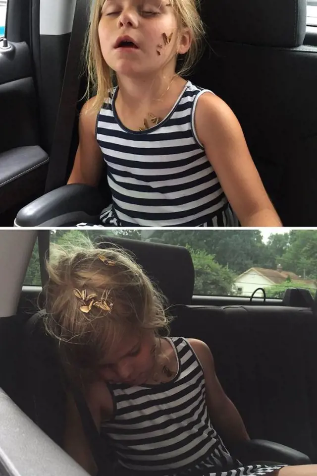 Dcerka spala a maminka se snažila vyhodit zbytky semínek z okýnka v autě.