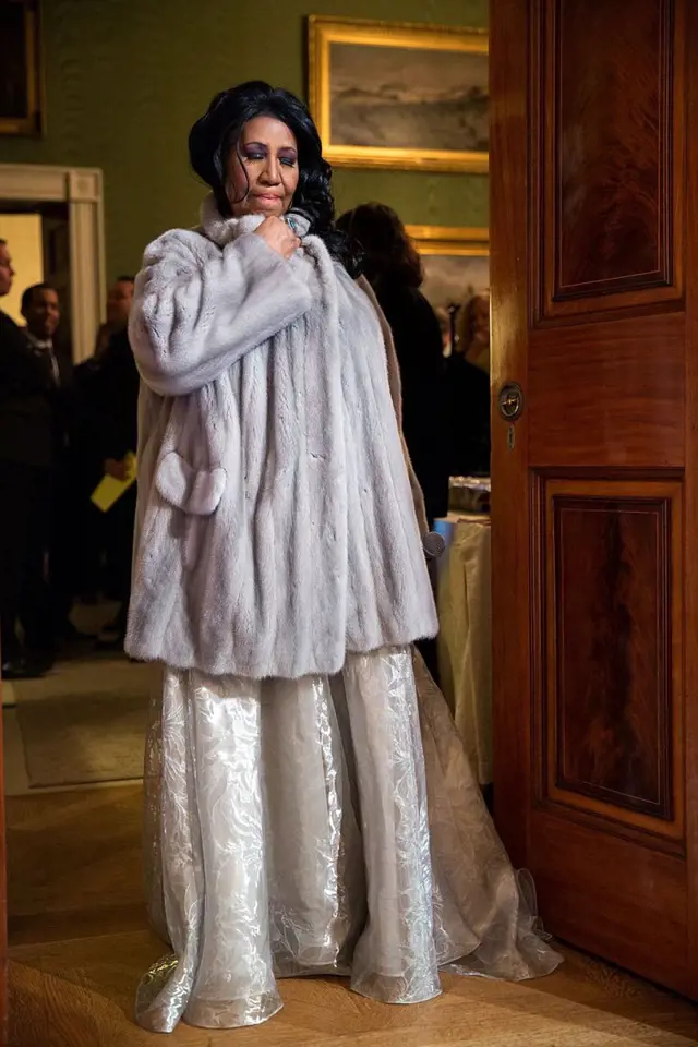 Aretha Franklinová před vystoupením v Bílém domě v roce 2015.