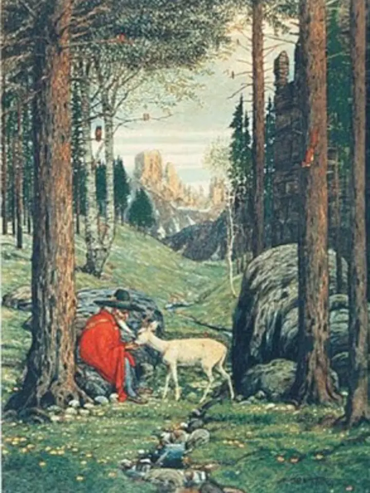 "Předloha Gandalfa," napsal Tolkien k tomuto obrázku "Rýbrcoula" od německého malíře Josefa Madlenera
