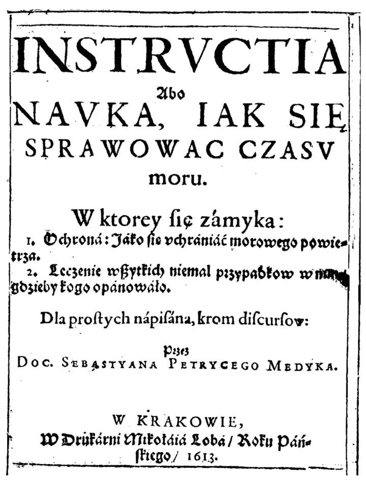Kniha Sebastiana Petrycy publikovaná v Krakově v roce 1613 o prevenci proti „špatnému ovzduší“.
