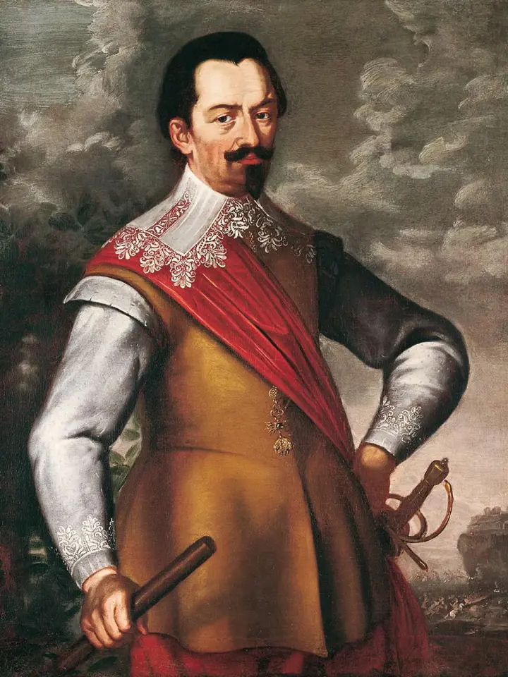 Portrét Albrechta z Valdštejna s Řádem zlatého rouna a maršálskou holí.