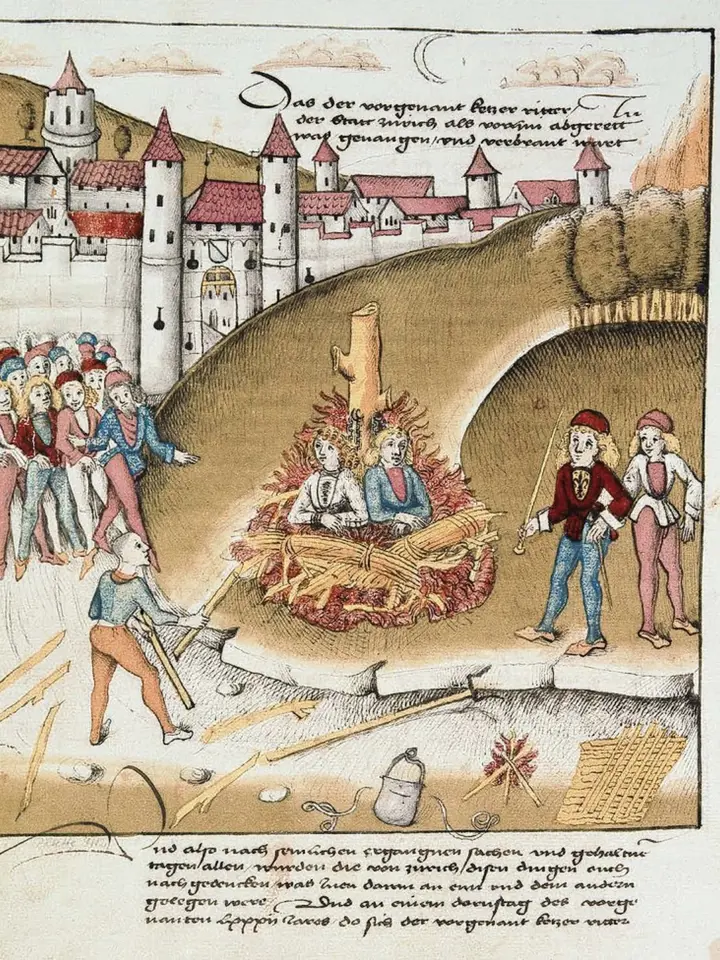 Dva muži odsouzení k upálení za sodomii v Curychu r. 1482
