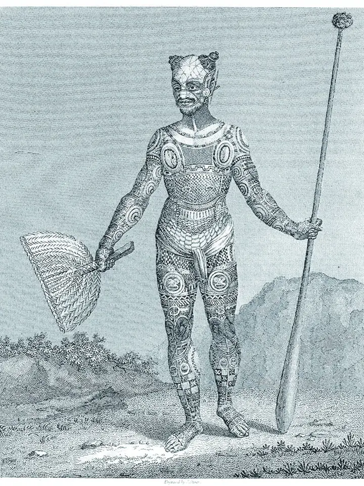 Obyvatel polynéského ostrova Nukahiwa (1813). Zajímavý je i jeho účes s růžky, tzv. tautike.