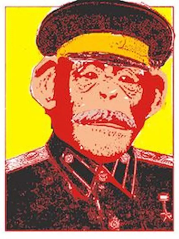 Karikatura J.V. Stalina, který dal souhlas k experimentu zkřížit člověka se šimpanzem