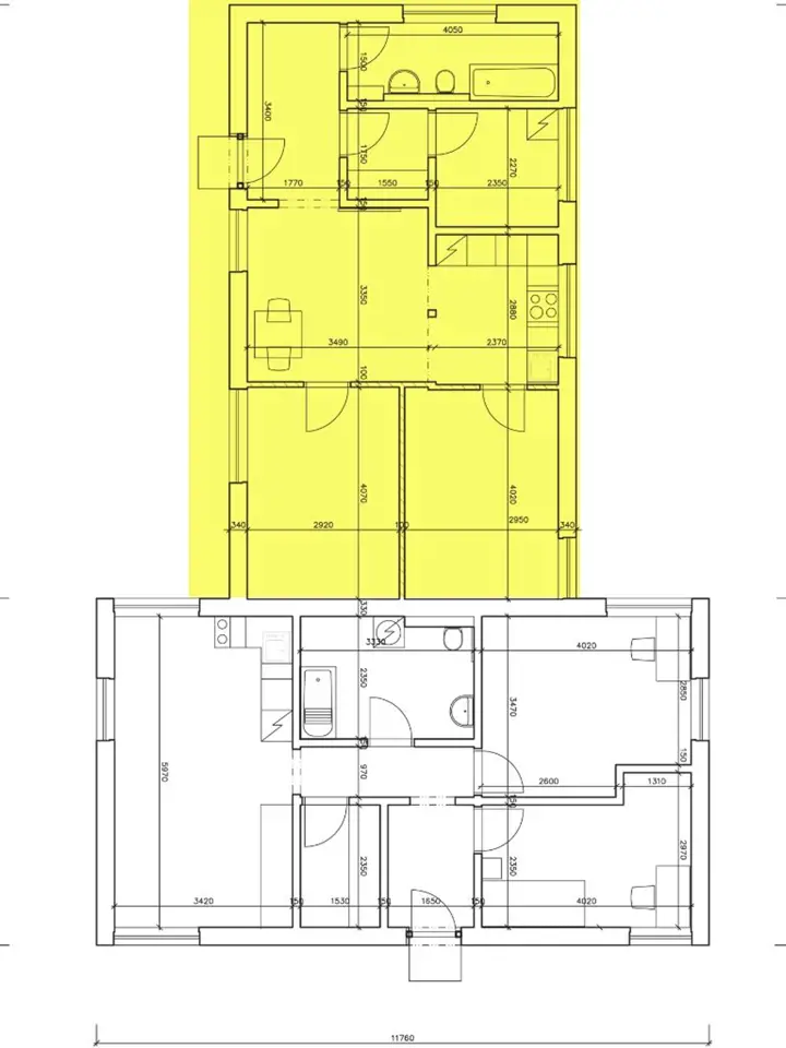 Bungalov byl předělen na dvě části. Architektkou hodnocená dispozice domu je vyznačena žlutou barvou.