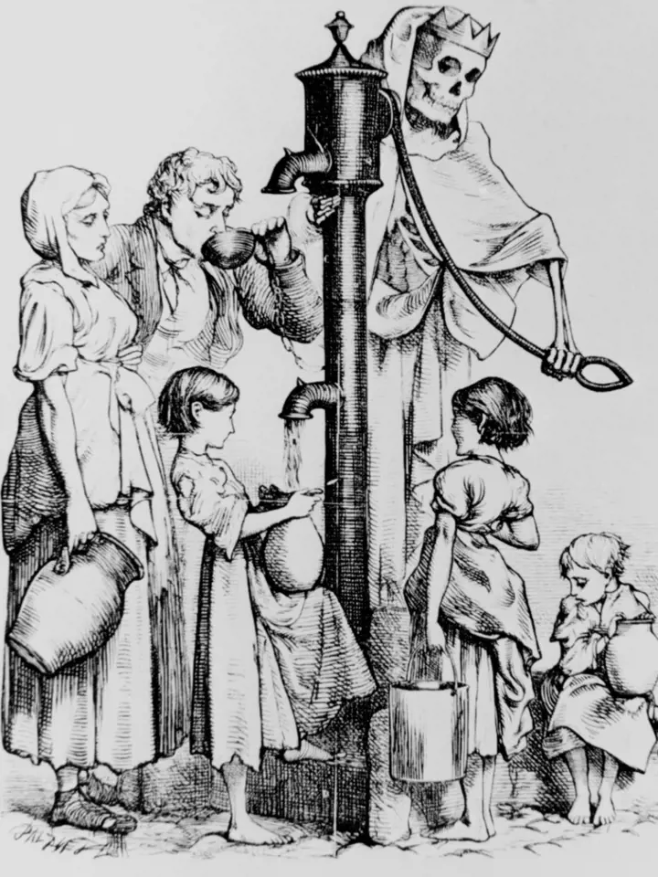 Kresba smrtky, která nalévá Londýňanům šálek cholery. Vznikla v roce 1866