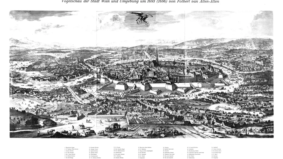 Pohled z ptačí perspektivy na město Vídeň v roce 1683 před osmanským obléháním.