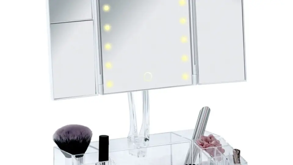 Rozkládací kosmetické zrcadlo značky Wenko, s podsvícením a organizérem, cena 1159 Kč