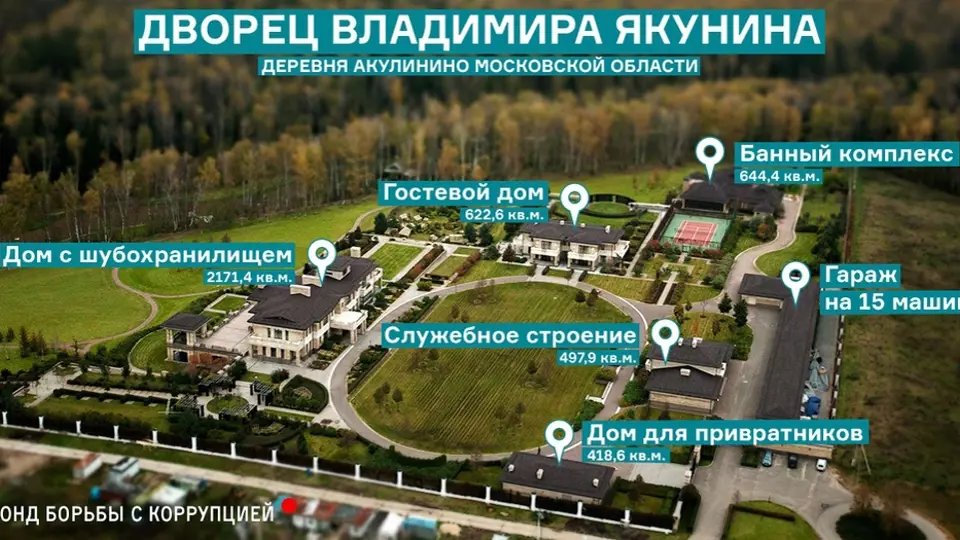 Jakuninův rekreační objekt, jak jej loni v květnu Rusům představil Alexej Navalnyj