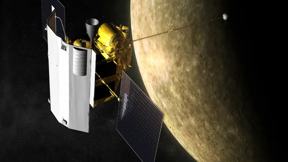 Umělecká představa příletu sondy Messenger k Merkuru.