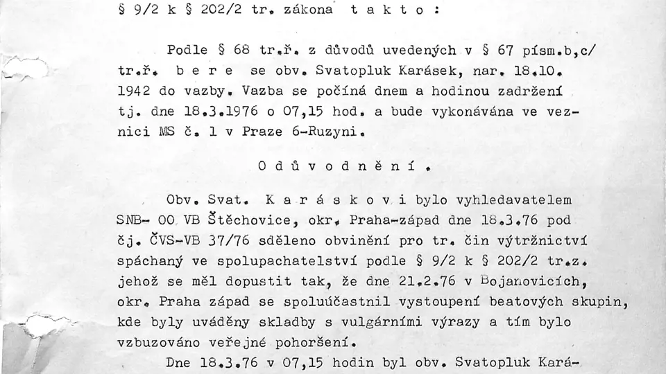 Příkaz k vazbě – Svatopluk Karásek (1976)