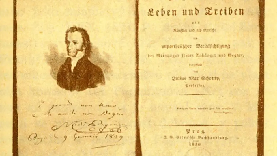 Paganiniho životopis vydaný v Praze roku 1830 (s umělcovým podpisem)