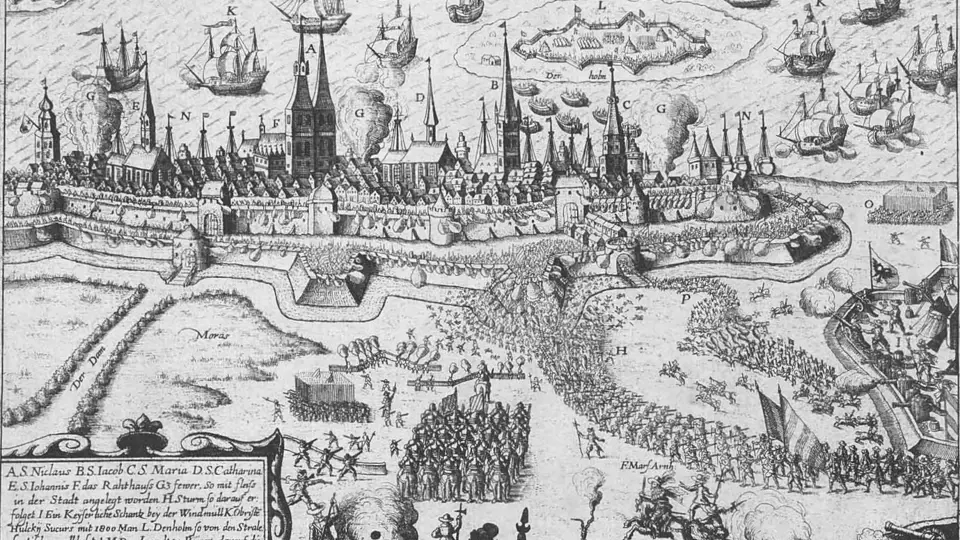 Valdštejnova vojska obléhají v roce 1628 Stralsund.