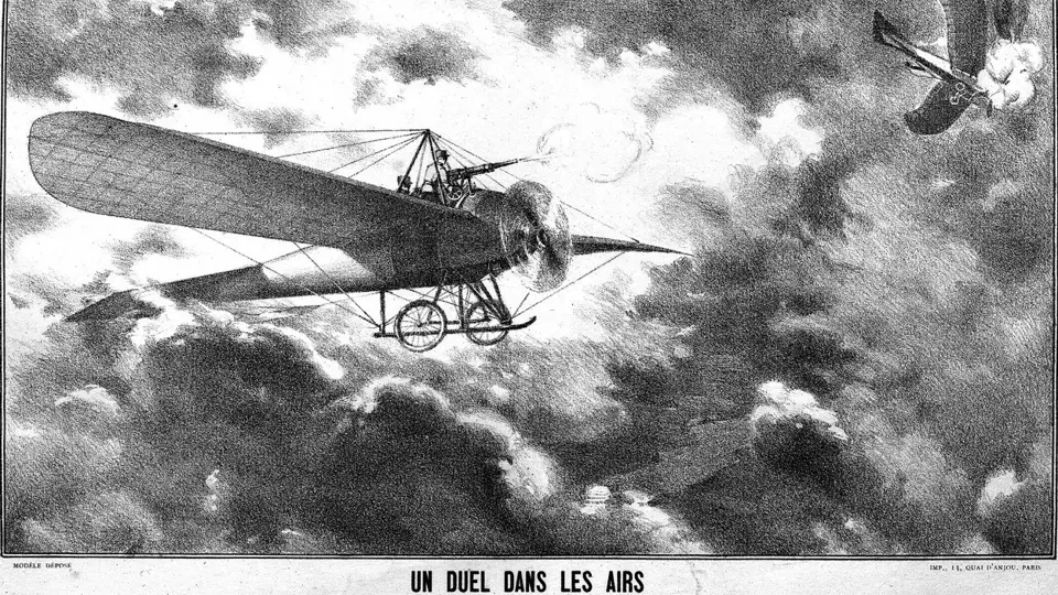 Dobová kresba zachycující první vzdušné střetnutí mezi Josephem Frantzem a Wilhelmem Schlichtingem