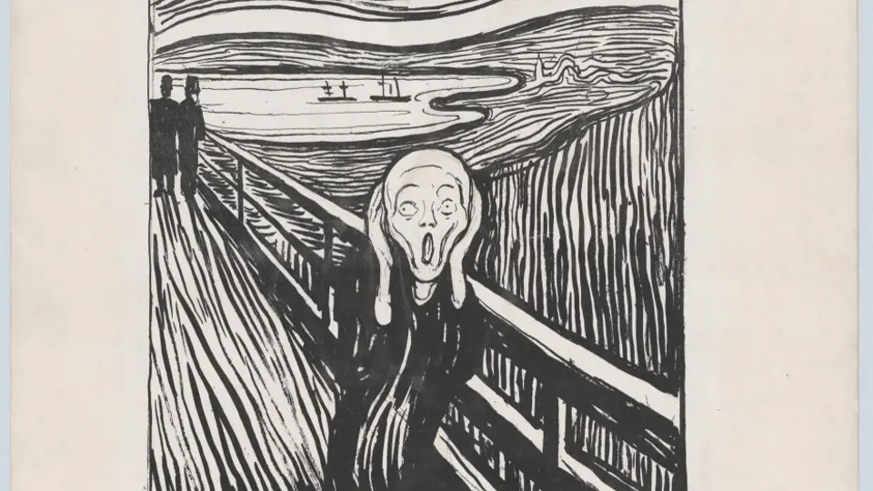 Slavný černobílý tisk Munchova obrazu, který obsahuje malířovu ručně psanou poznámku o výkřiku přírody