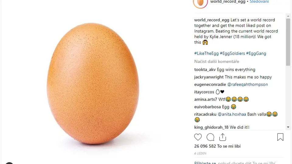 Nejpopulárnější příspěvek na instagramu - fotka vejce