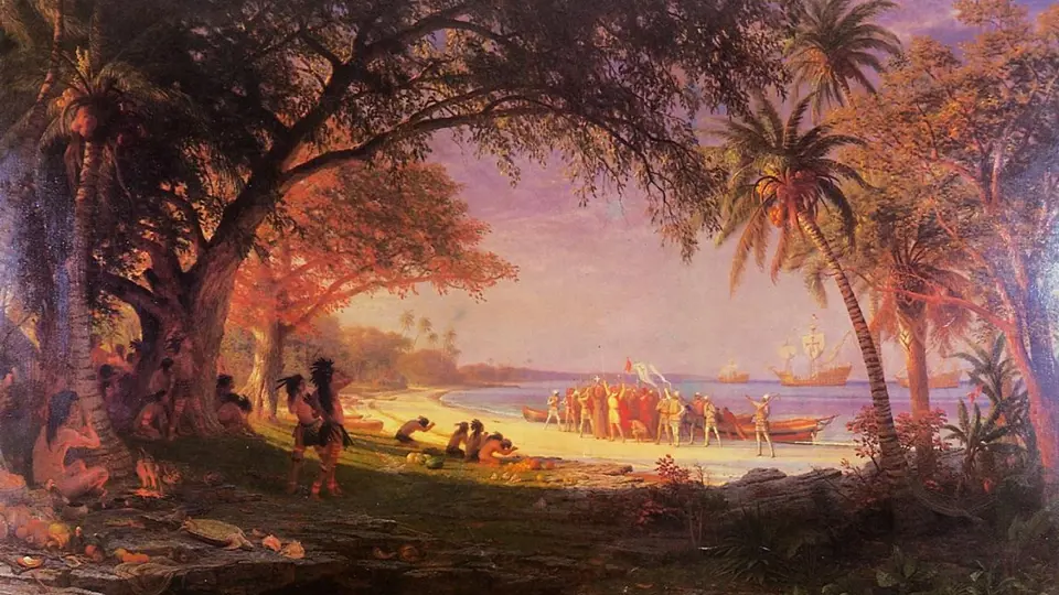 Vylodění Kolumbovy výpravy v Americe (autor:Albert Bierstadt)