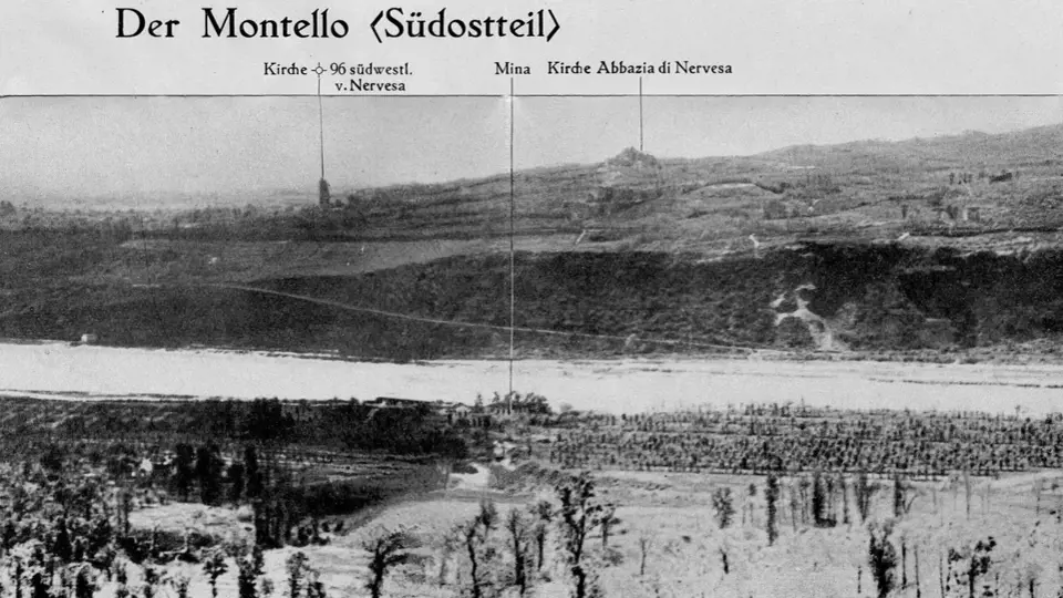Výšina Montello – pohled na jihovýhodní část, kterou dobývaly jednotky 13. střelecké divize. Uprostřed na obzoru jsou ruiny starého benediktinského kláštera sv. Eustacha, podél nichž postupoval 25. střelecký pluk.