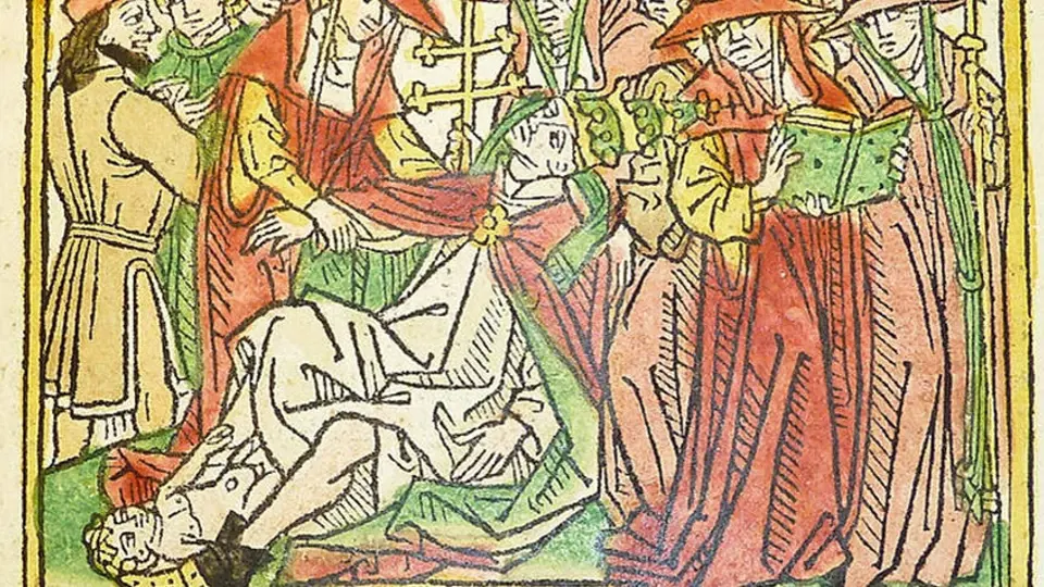 Kresba z roku 1474 vyobrazující porod papežky Jany