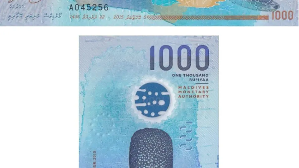 Nominovaná bankovka za rok 2016. Tisíc maledivských rupií s mořskou faunou. 