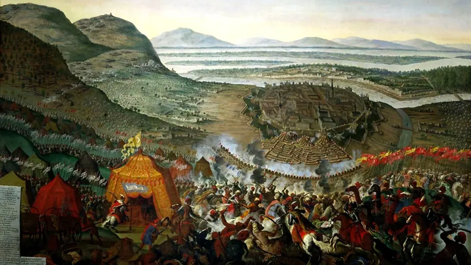 Obraz zachycující osmanské ležení před Vídní v roce 1683. V popředí polská armáda krále Jana III. Sobieského.