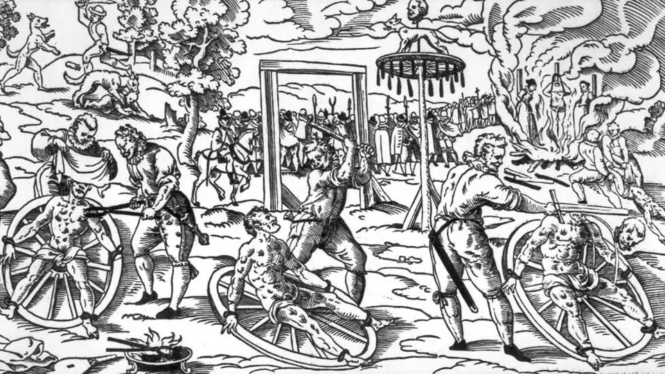 Poprava lámáním vlkodlaka Petera Stumppa, dřevoryt 1589