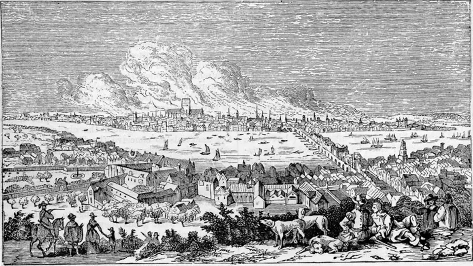 Velký požár Londýna. Ilustrace z knihy Roberta Chamberse Book of Days