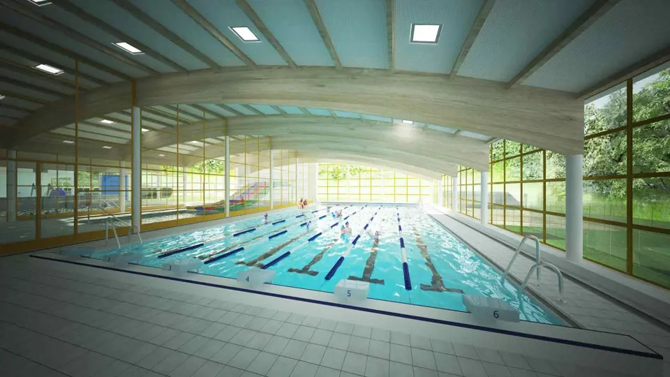 Vizualizace: Vnitřní 25metrový bazén sousedí se zahradou a čtyřdráhovou skluzavkou.