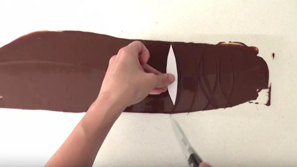 Podle vzoru do tuhnoucí čokolády opatrně vyřežte okvětní plátky. 