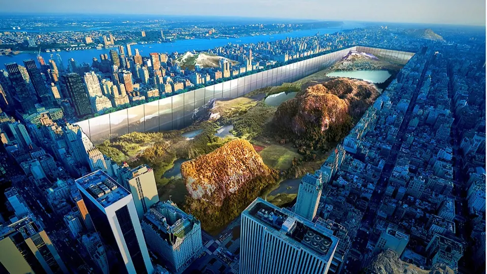 Central Park „potopený" pod úroveň moře, aby ve stěnách po jeho obvodu mohly vyrůst nové mrakodrapy. (1. místo)