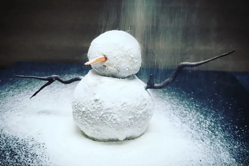 Sněhulák pod vrstvou sněhu z moučkového cukru skrývá mrkvovou pochoutku.