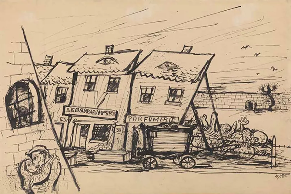 Satirická kresba Bedřicha Fritty: Terezín před inspekcí Červeného kříže