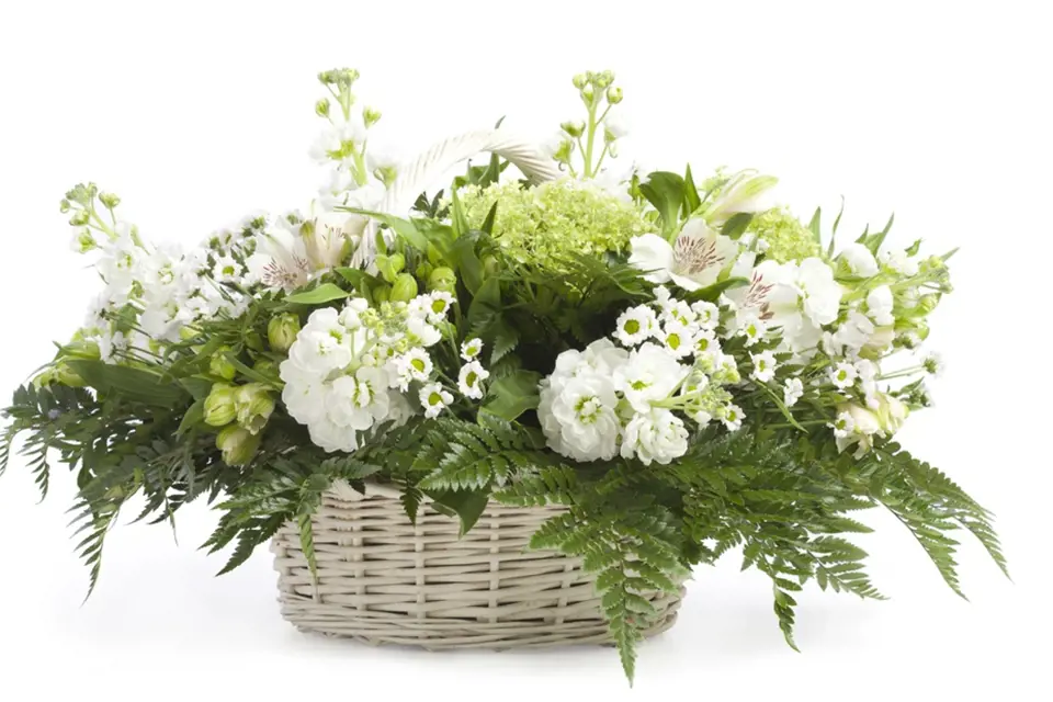 Působivé zeleno-bílé aranžmá se hodí i jako dekorace svatebního stolu.
