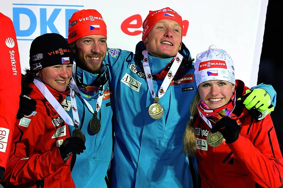 S Veronikou Vítkovou, Ondřejem Moravcem a Jaroslavem Soukupem na mistrovství světa v biatlonu v únoru 2013.