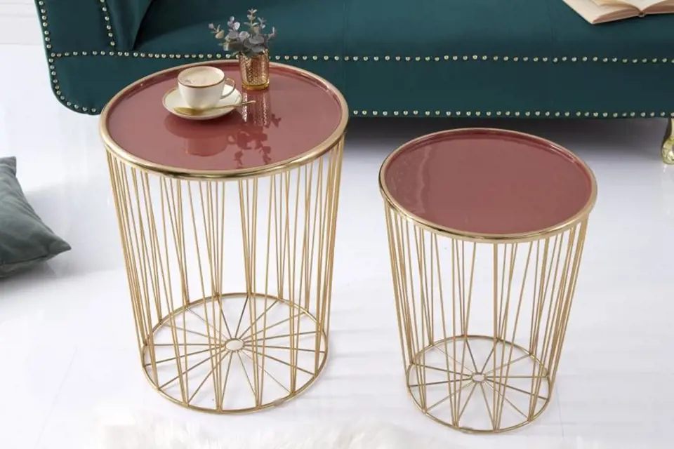 Designový set Art Deco stolků Luigi korálová/zlatá kov / Zdroj: Malva Rosa