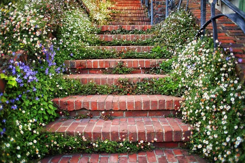 V zahradě skvěle vypadají cesty i schodiště ze starých cihel.