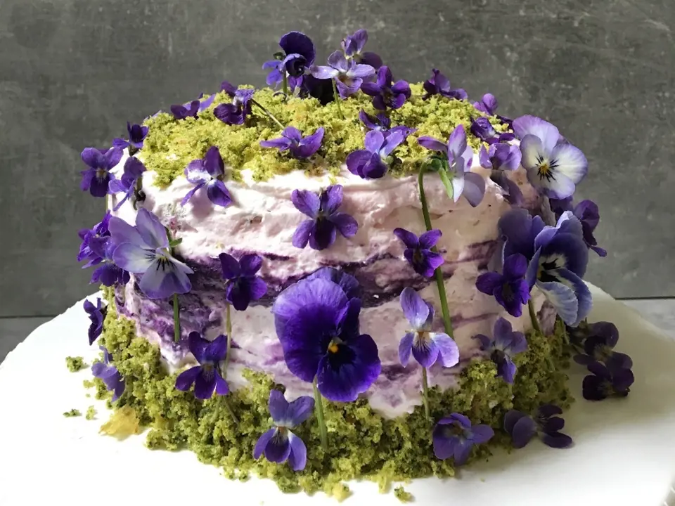 Mechový dort přizdobený květy macešek a fialek.