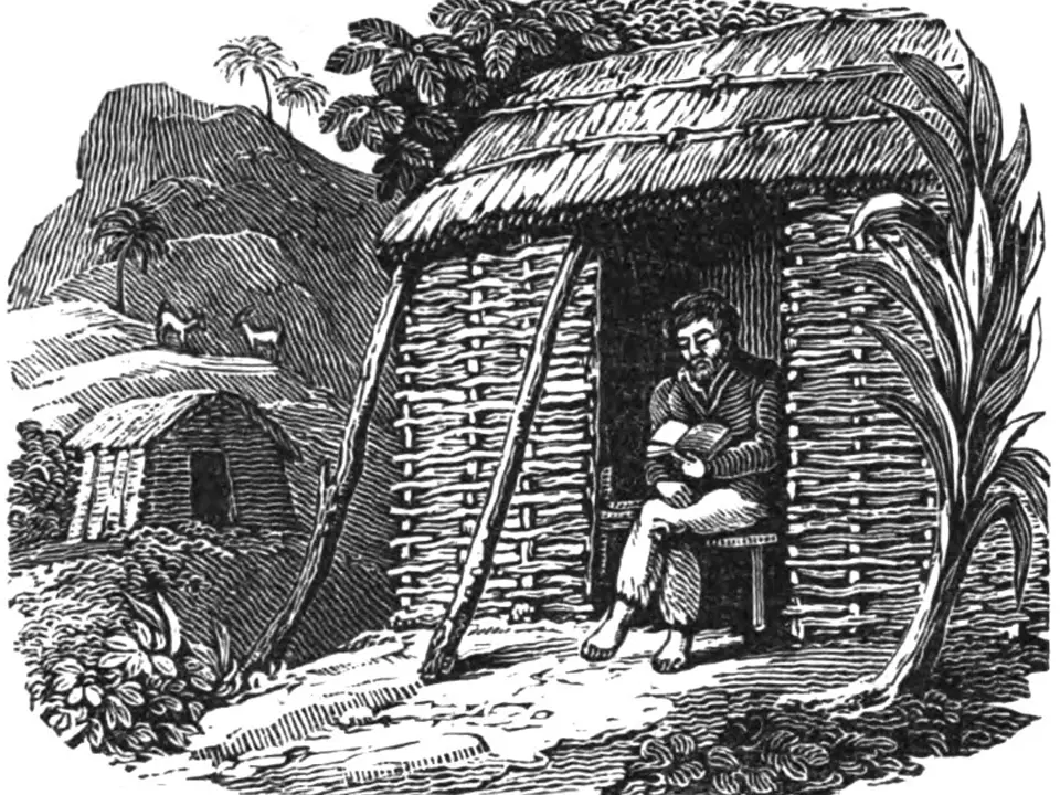 Alexander Selkirk si čte Bibli ve své chatrči na opuštěném ostrově.